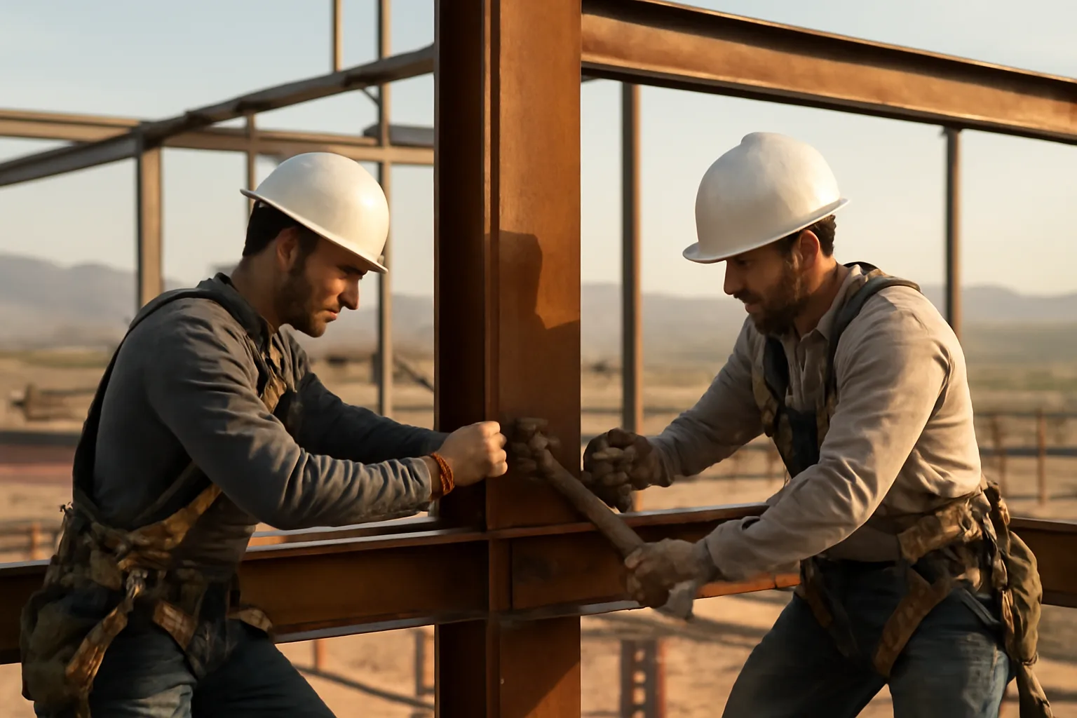Ironworkers connecting structural steel on an Arizona jobsite at sunset
