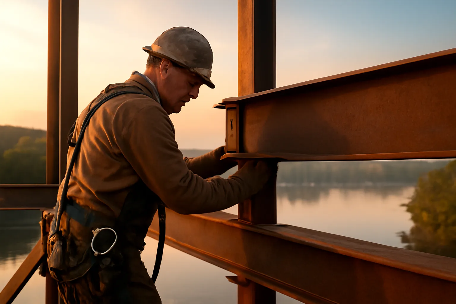 Structural ironworker connecting beams on an Arkansas job at dawn