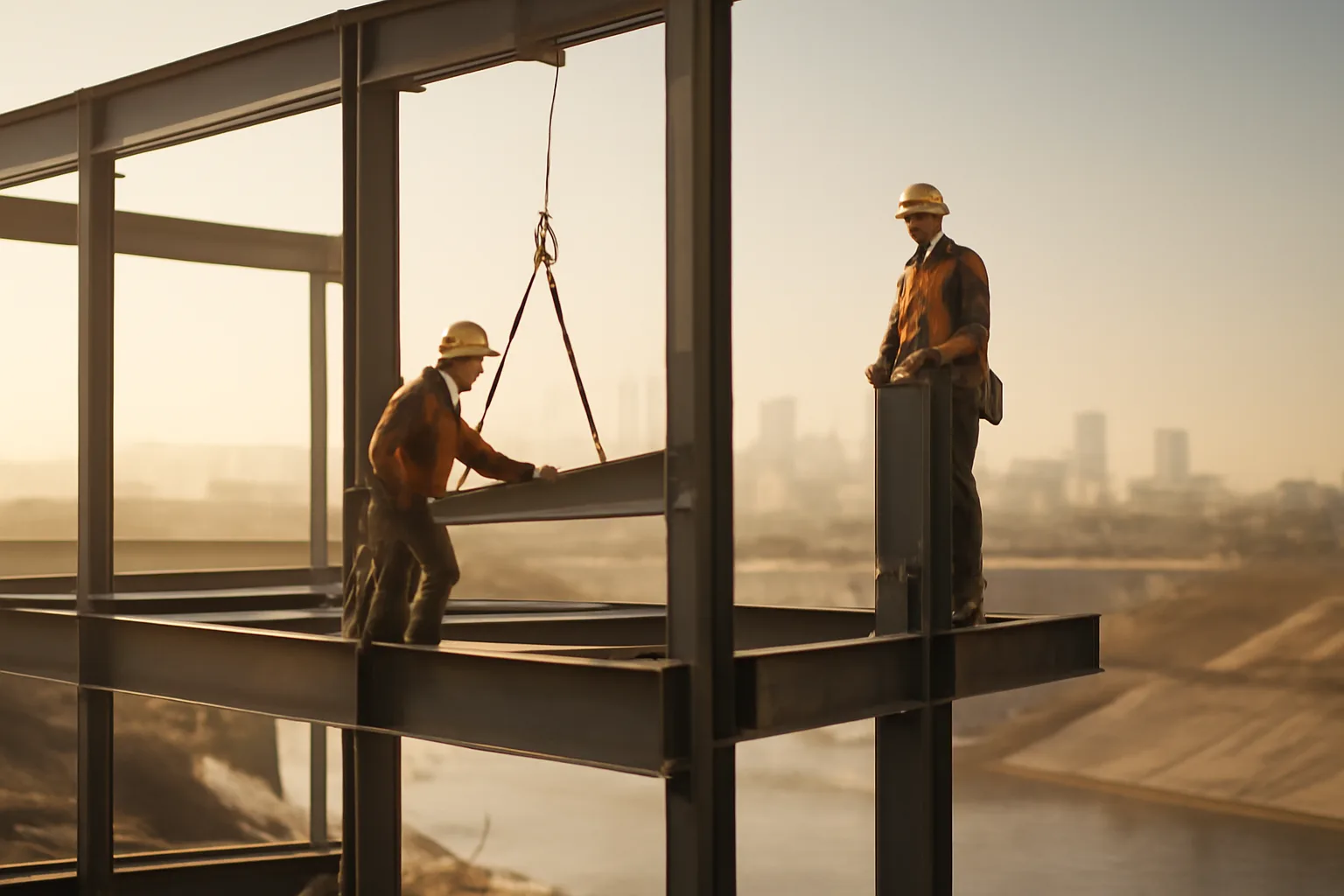 Ironworkers connecting steel on a California mid-rise frame