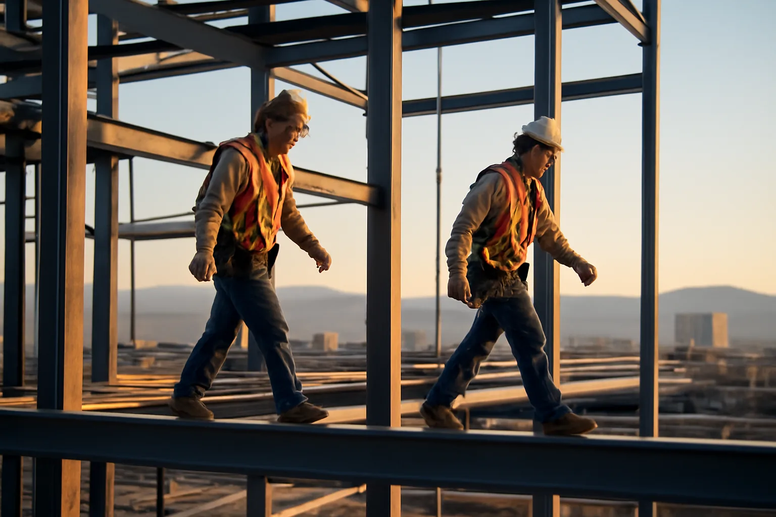 Colorado ironworkers connecting beams on a Denver steel frame