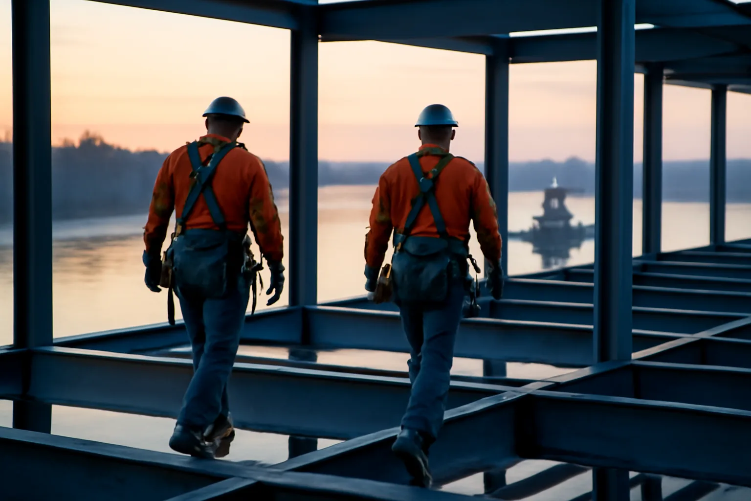 Ironworkers walking steel on a Connecticut riverfront job at sunrise
