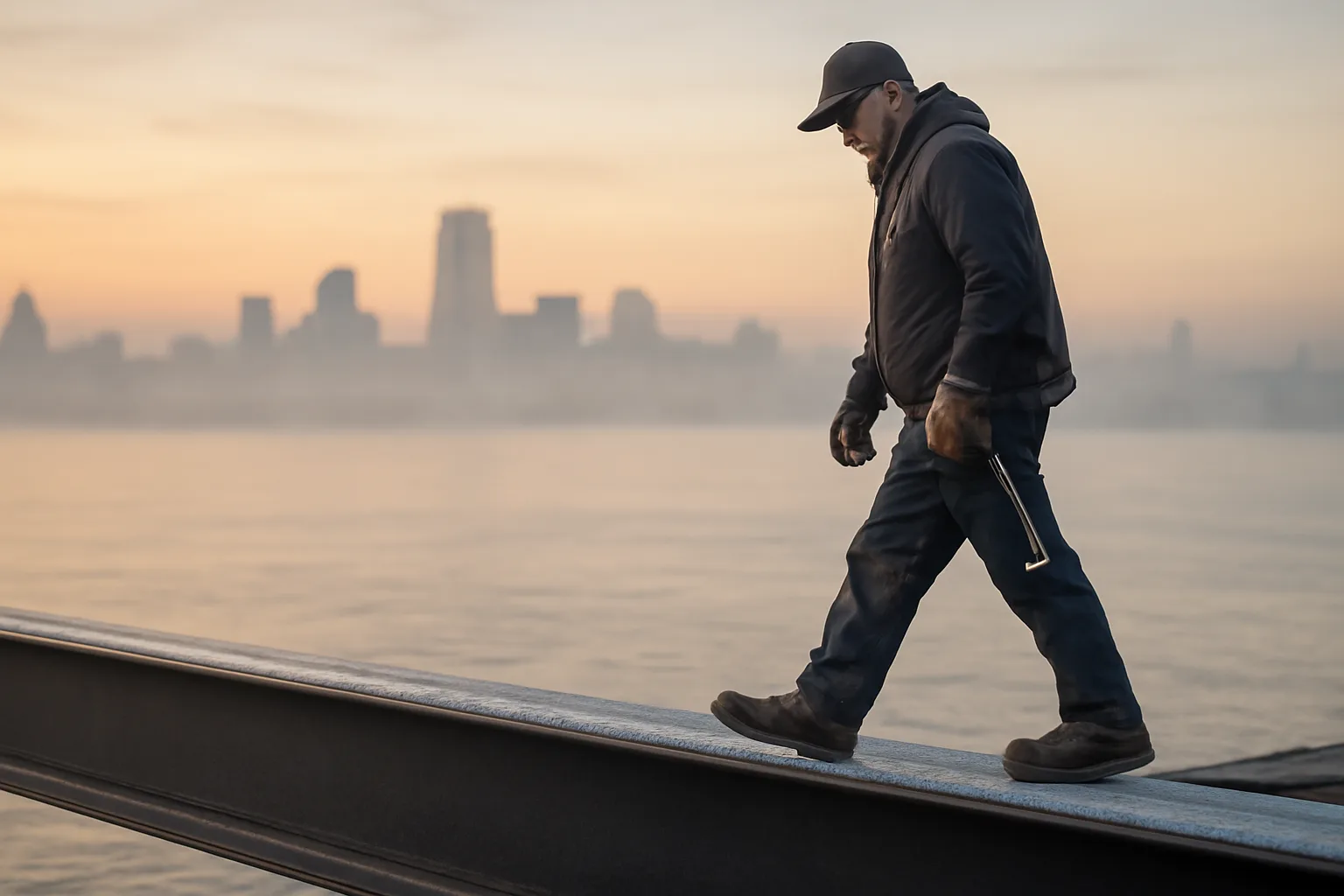 Ironworker walking a steel beam over a Delaware river at dawn