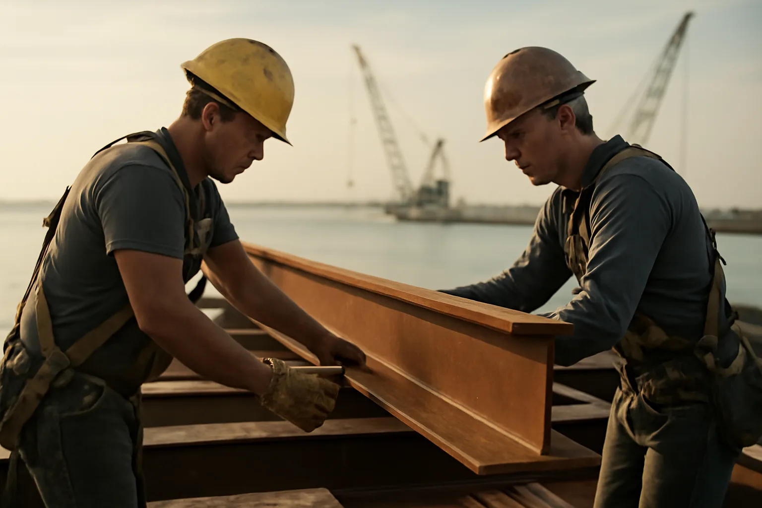 Ironworkers connecting a steel beam on a Florida jobsite