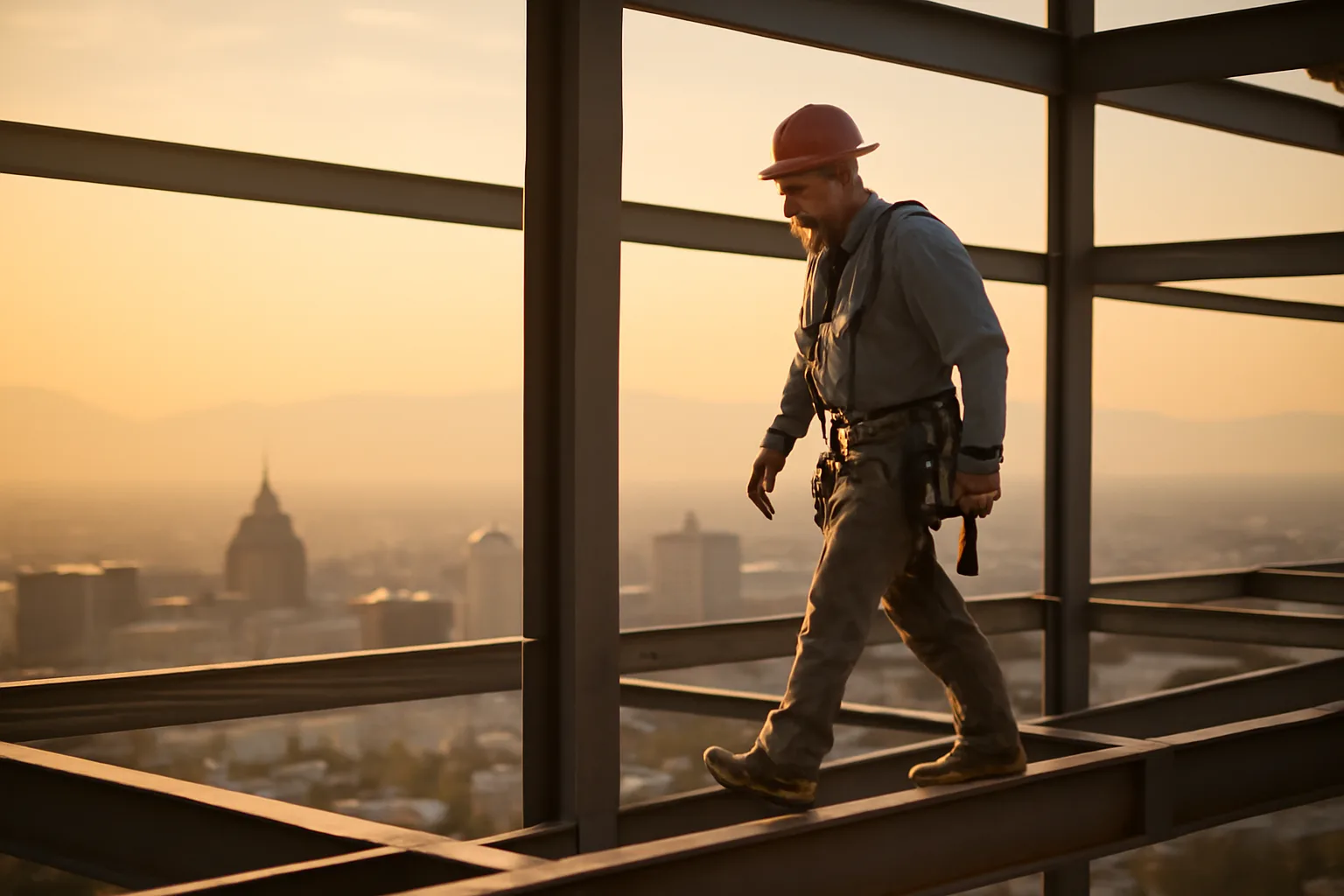 Ironworker crossing steel beams on a Utah construction site at golden hour