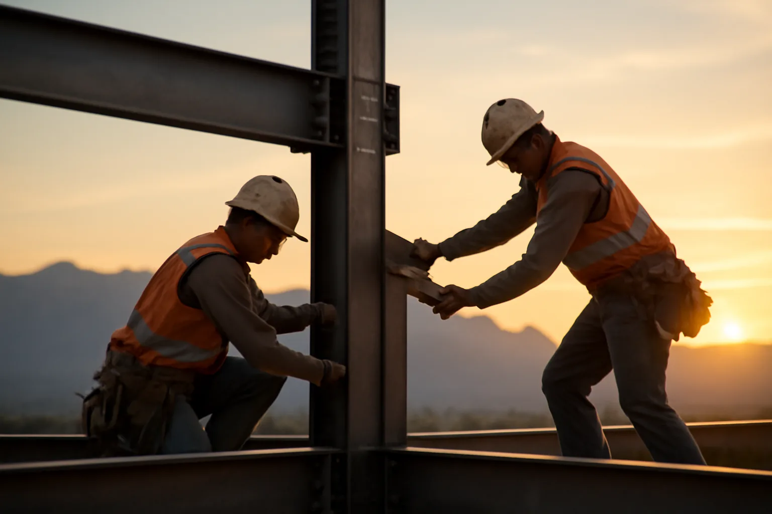 Ironworkers bolting steel beams on a Vermont construction site at dawn
